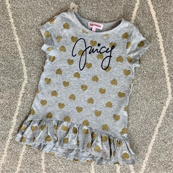 Juicy Couture Gray Cotton Ruffle Dress w/ Metallic Gold Hearts Size 4 - Picture 1 of 4